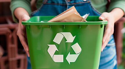 crop view hand holding a recycling bin Inside was a recycle paper