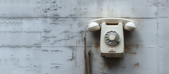 close up telephone landline at office concept on white bone wall background