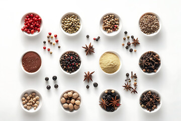 various spices on a white background in the style of 