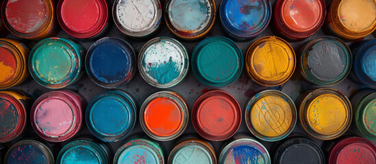 Fototapeta premium Colorful Array of Paint Cans Top View