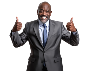 Happy African American businessman pointing both of his thumps up, cut out, isolated on transparent background