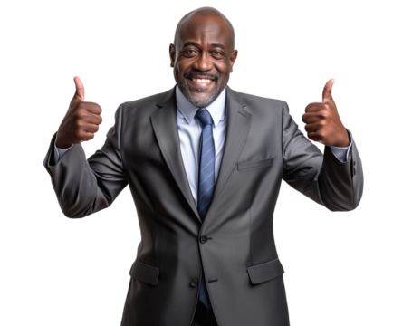 Happy African American businessman pointing both of his thumps up, cut out, isolated on transparent background