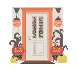 Entrance door decorated for Halloween, cartoon carved pumpkins and candles near front door, vector autumn holiday porch