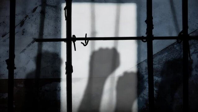 Symbols of protest in jail: fists raised and moving, silhouetted shapes from the cracks on the gate of a prison cell, behind bars, sunlight projecting a shadow on the wall.
