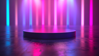 Empty stage, podium, place for product. Colored neon lights. 3d rendering image