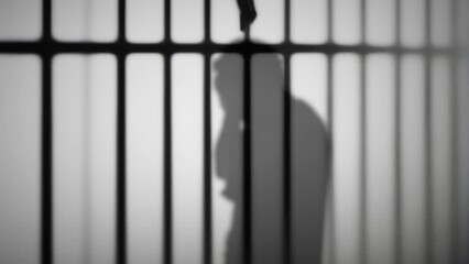 The silhouette of a desperate man, covering his face with his hands, casting a shadow against a stark white prison wall, framed by iron bars.
