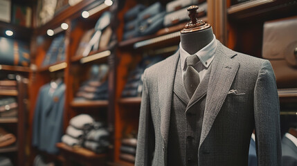 Men's shirt in the form of grey suits on a mannequin in the atelier - Powered by Adobe