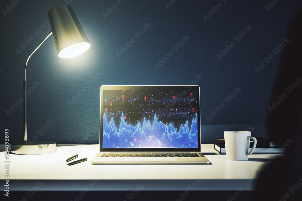 Poster Abstract creative stats data concept on modern laptop screen. 3D Rendering