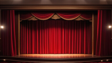 Fototapeta premium A theater stage with a red curtain and a spotlight. cinematic light, space for text in the center, poster template