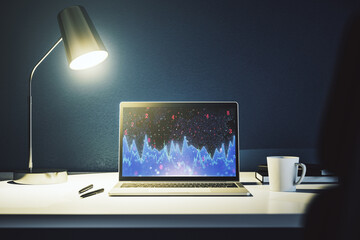 Abstract creative stats data concept on modern laptop screen. 3D Rendering