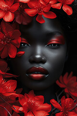 the image of a black african woman with red hair and flowers, in the style of geisha portraiture, monochromatic black figures, mike campau, close-up intensity, black and red, vibrant colorism