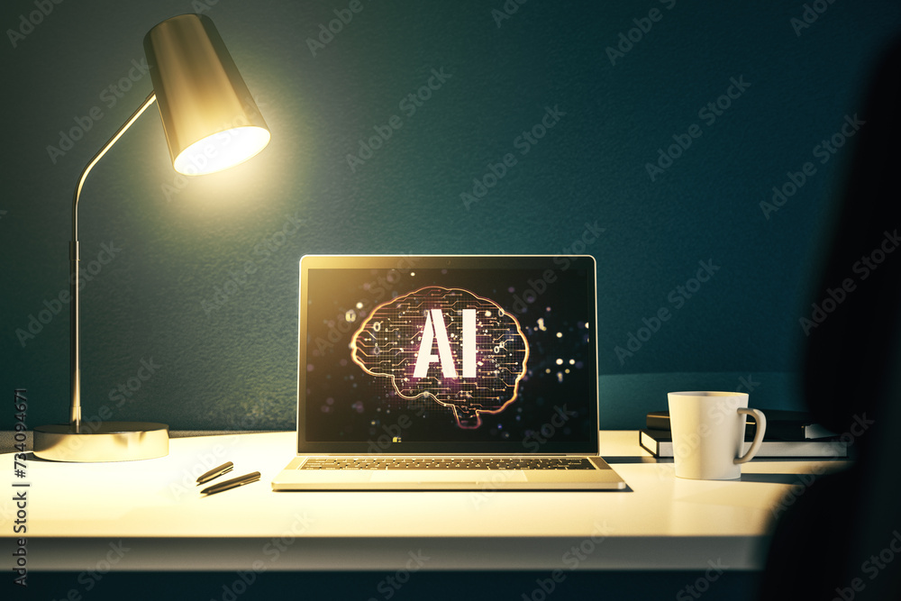 Poster modern computer display with creative human brain microcircuit. future technology and ai concept. 3d