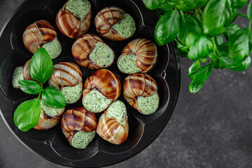 snails green oil aromatic herbs tasty fresh eating cooking appetizer meal food snack on the table copy space food background rustic top view