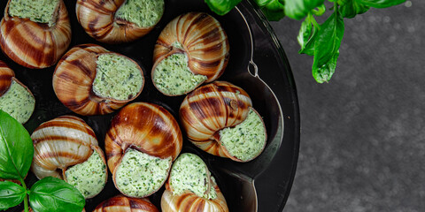 snails green oil aromatic herbs tasty fresh eating cooking appetizer meal food snack on the table copy space food background rustic top view