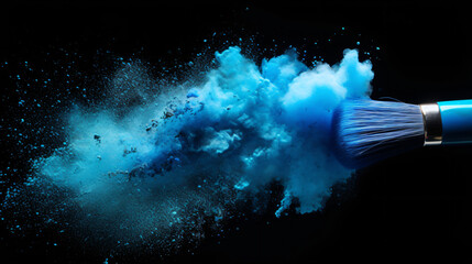 Makeup brush with blue powder explosion isolated.