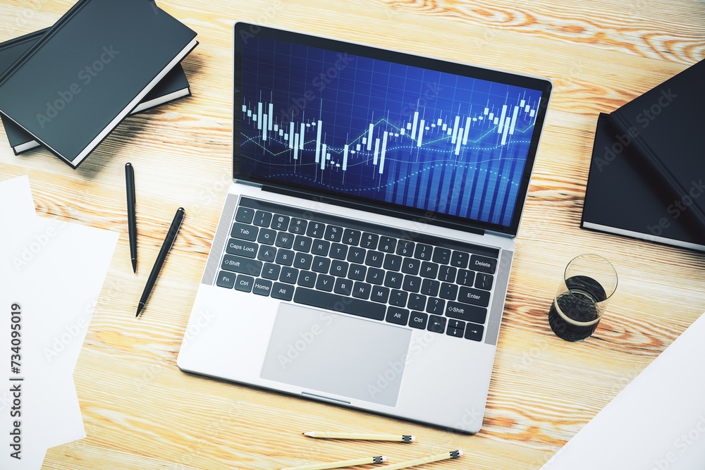 Poster modern computer screen with abstract creative financial chart, research and analytics concept. 3d re