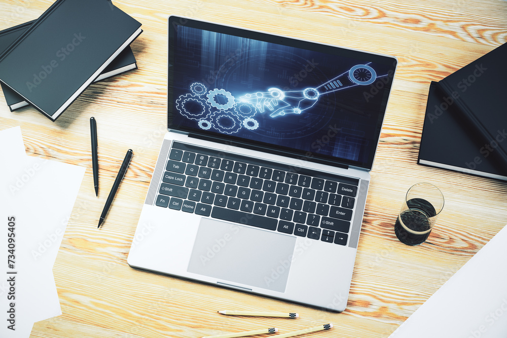 Fototapete creative concept of robotics technology on modern laptop screen. robot development and automation co