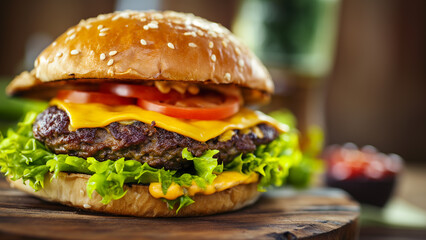 Close-up of home made tasty burger on wooden table. Ttasty traditional american cheeseburger closeup	