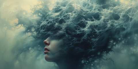 Woman, mind in dark cloud, depression, trauma, loneliness and mental health, brain fog by dementia, confusion and stress
