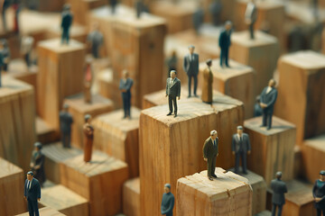 miniature figures of business people on wooden blocks - obrazy, fototapety, plakaty
