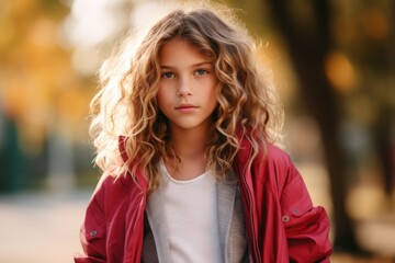 Portrait of a beautiful young girl with curly hair in a red jacket.