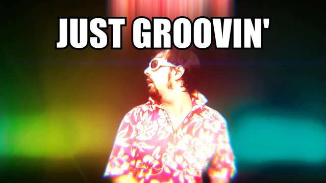 Funny internet meme: a jolly crazy dancing DJ and the caption Just Groovin'. Expressing lighthearted, relatable reactions to events. Closeup shot.

