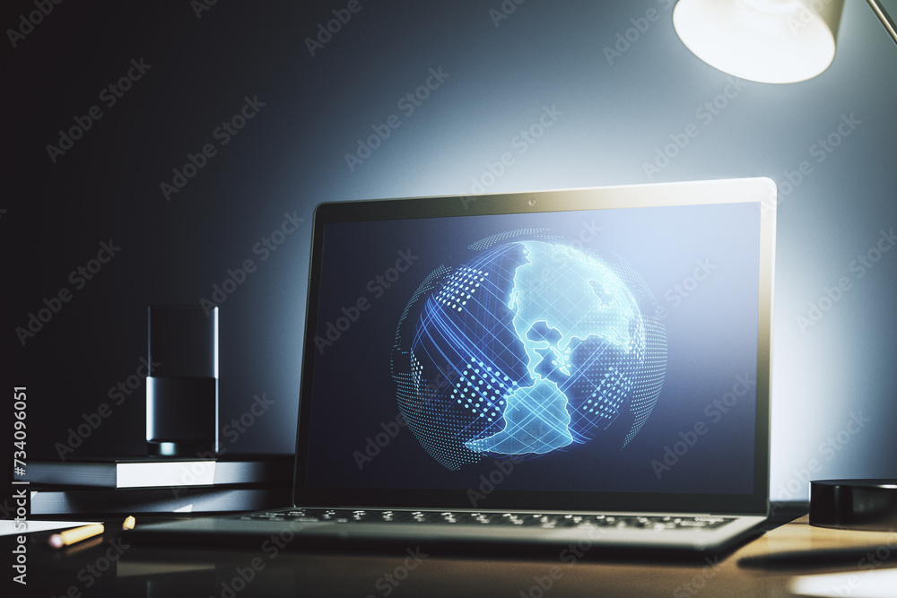 Poster computer monitor with digital america map, global technology concept. 3d rendering