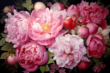 Top view of a cluster of peonies, their lush and full blooms providing a luxurious space for your heartfelt words.