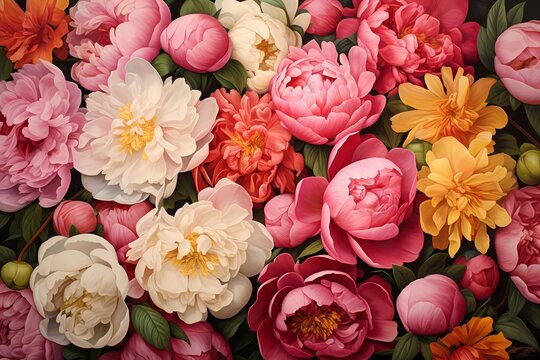Top view of a cluster of peonies, their lush and full blooms providing a luxurious space for your heartfelt words.