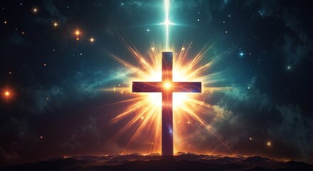 Fototapeta premium Glowing catholic cross, Surreal light beam sacral illustration