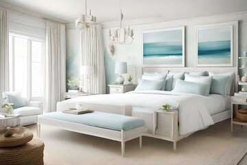 A coastal-themed bedroom with serene hues and a blank frame complementing the beach-inspired decor.