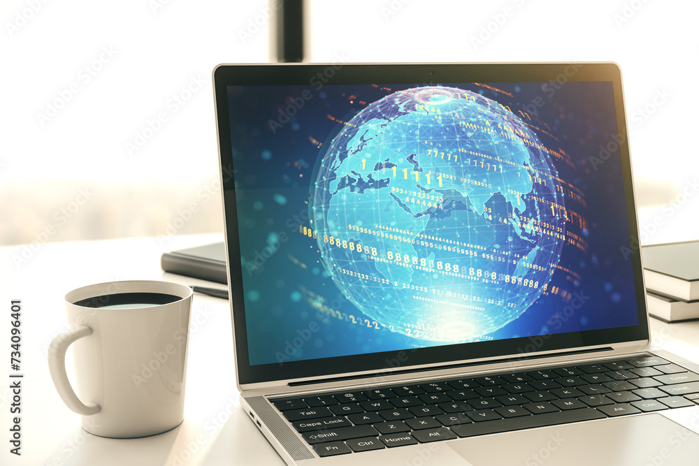 Leinwandbilder modern computer display with abstract software development hologram and world map, global research a