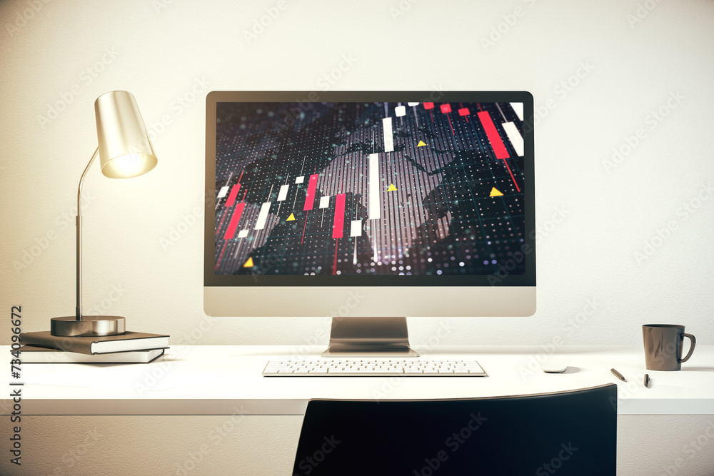 Poster abstract creative financial graph with world map on modern laptop monitor, forex and investment conc