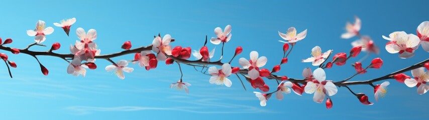 blossoms against clear sky. a pink cherry blossom against a blue sky