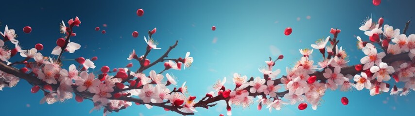 blossoms against clear sky. a pink cherry blossom against a blue sky