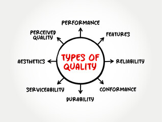 Critical dimensions or Types of Quality, mind map concept background