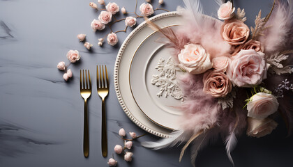 Romantic wedding celebration with elegant table decoration and gourmet meal generated by AI