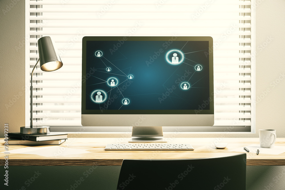 Aufkleber Modern computer monitor with social network icons concept. Marketing and promotion concept. 3D Rendering