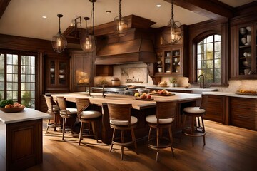 A kitchen featuring a cozy fireplace with seating, creating a warm and inviting atmosphere for gatherings. - obrazy, fototapety, plakaty