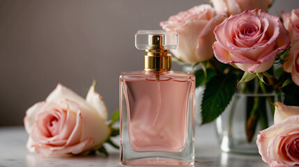 Obraz na płótnie Canvas a pink perfume bottle without a label stands on a table in front of a bouquet of blooming roses