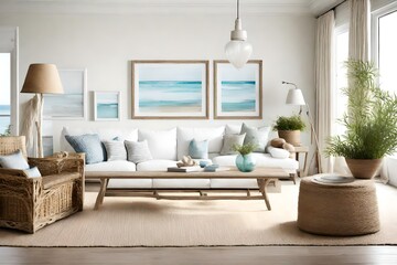 A coastal-themed living room with beachy decor and a blank frame complementing the seaside vibe.