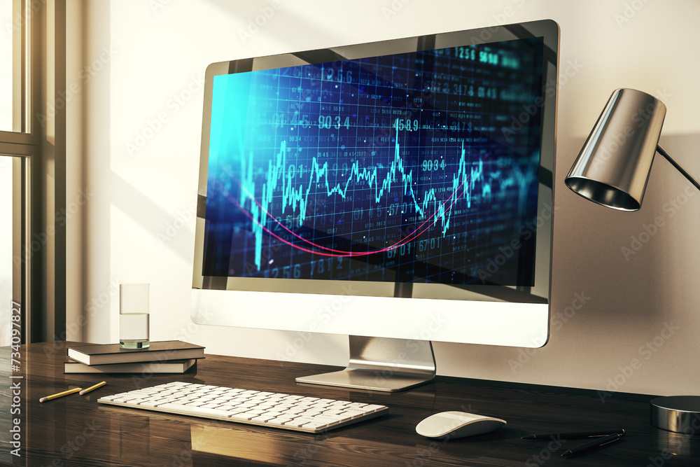 Poster modern computer monitor with abstract creative financial chart, research and strategy concept. 3d re