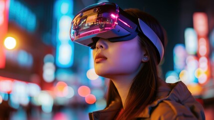Woman wear modern virtual devise. Mixed reality headset. Digital spatial computer. Girl VR glasses walk city street. High tech vision. Futuristic future concept. Technology innovation. Life simulation