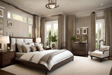 Fototapeta na wymiar A transitional bedroom with a mix of traditional and contemporary elements, creating a harmonious and balanced design.