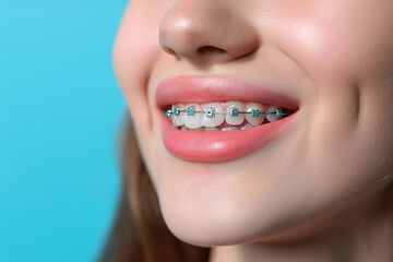 Young woman with braces on her teeth, close-up of mouth. . Braces system in smiling mouth, macro photo teeth, close-up lips, macro shot.