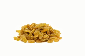 Golden Raisin Heap Isolated on White Background with Copy Space