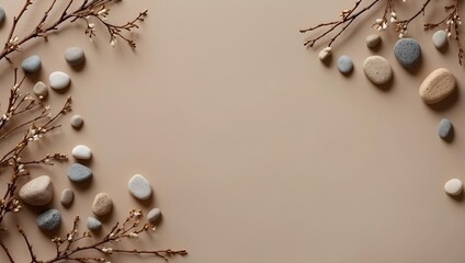 Fototapeta premium beige backdrop with stones and florals . cosmetic product presentation background