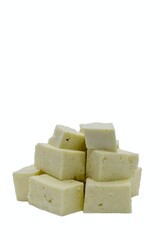 Paneer or Cheese Cubes Isolated on White Background with Copy Space, Also Known as Poneer, Fonir or Indian Cottage Paneer