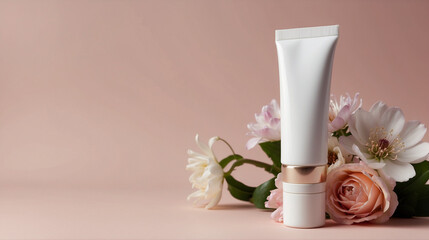 white tube for cream on a pale pink background with flowers, space for text, banner, prototype