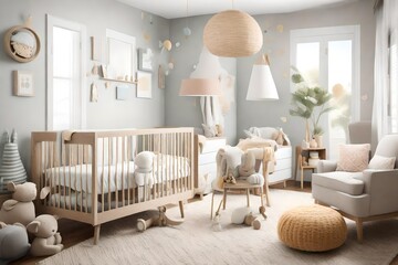 A gender-neutral nursery with soft pastels, whimsical decor, and cozy textiles to create a welcoming space for a new addition to the family.